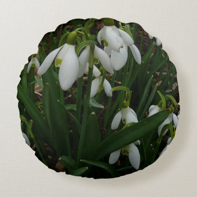Snödroppar I (Galanthus) Vitt Vår blommor Rund Kudde (Framsidan)
