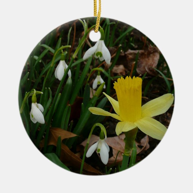 Snödroppar och Blommigten Daffodil Vår Julgransprydnad Keramik (Framsidan)