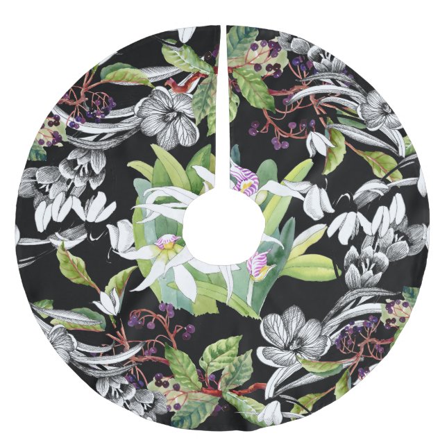 Snödroppar och orkidéer: Sketched Black Mönster Julgransmatta Borstad Polyester (Framsidan)