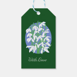 Snödroppar på mjuk blå ovalbakgrund på Grönten Presentetikett