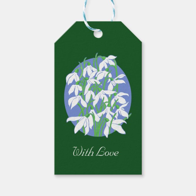 Snödroppar på mjuk blå ovalbakgrund på Grönten Presentetikett (Framsidan)