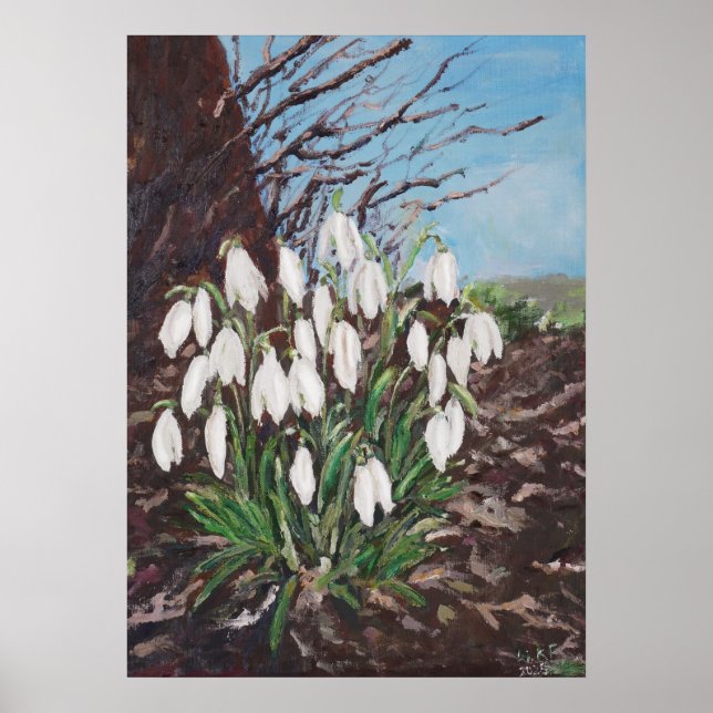 snödroppar under en träd-oljemålning poster (Framsidan)