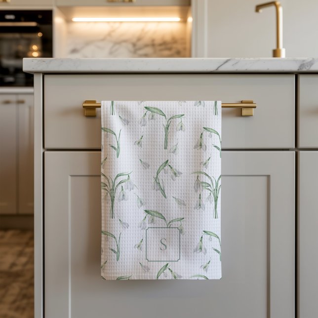 Snödroppar Vit Blomma Monogrammerad  Kökshandduk (Snow Drops White Kitchen Towel)