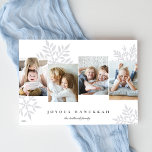 Snödroppe 4 Photo Collage Hanukkah Julkort<br><div class="desc">Unik modern Hanukkah-kortdesign har favoritfoton sida vid sida med överdimensionerade pastellsnöflingsilhuetter i bakgrunden. Anpassa med din familj namn och året under "Joyous Hanukkah" i klassisk skrift.</div>