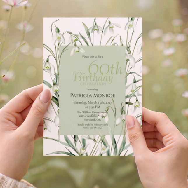 Snödroppe 60-årsdag Vattenfärg Botanisk Grön Inbjudningar (Skapare uppladdad)