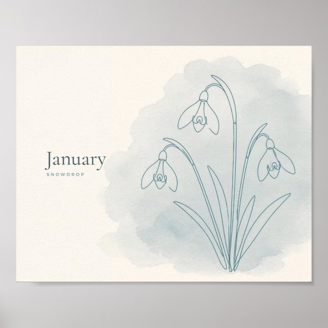 Snödroppe Botanisk Konsttryck | Januari Blomma Poster (Framsidan)