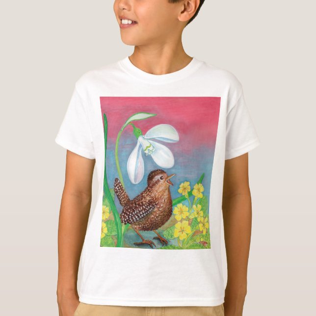 Snödroppe och wren-fågel kallar vår Boys' T Shirt (Framsida)