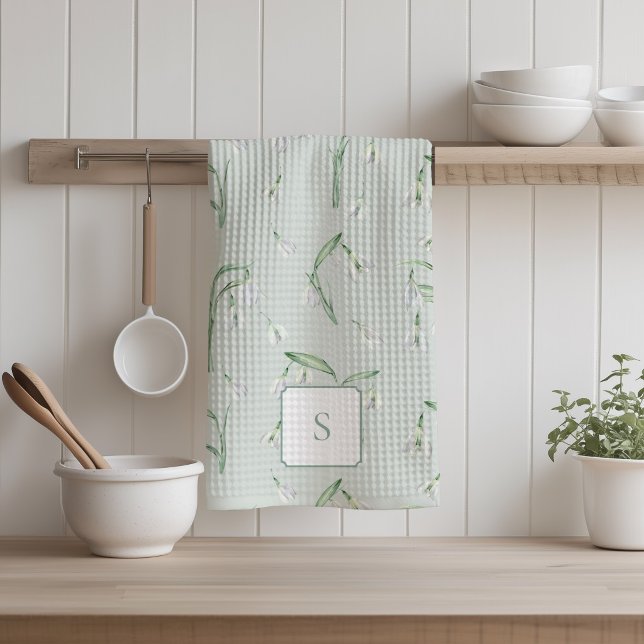 Snödroppsblomma Grön Monogram  Kökshandduk (Snow Drops Green Kitchen Towel)