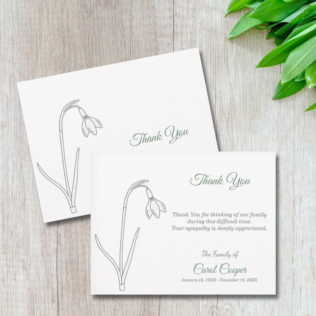 Snödroppsteckens Tackkort--kort Tack Kort (Snowdrop Line Art Funeral Thank You Note Card)