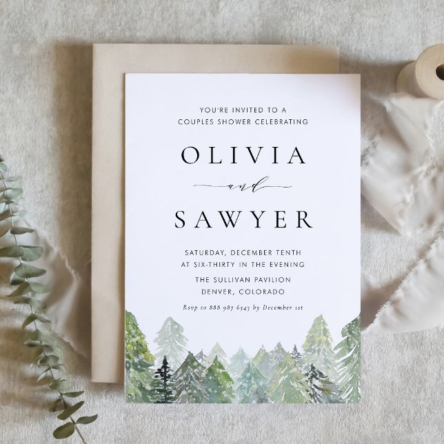 Snöfärgning Evergreen Forest Par Shower Inbjudningar (Couples shower invitation with snowy watercolor pine forest, ideal for rustic winter celebrations.)
