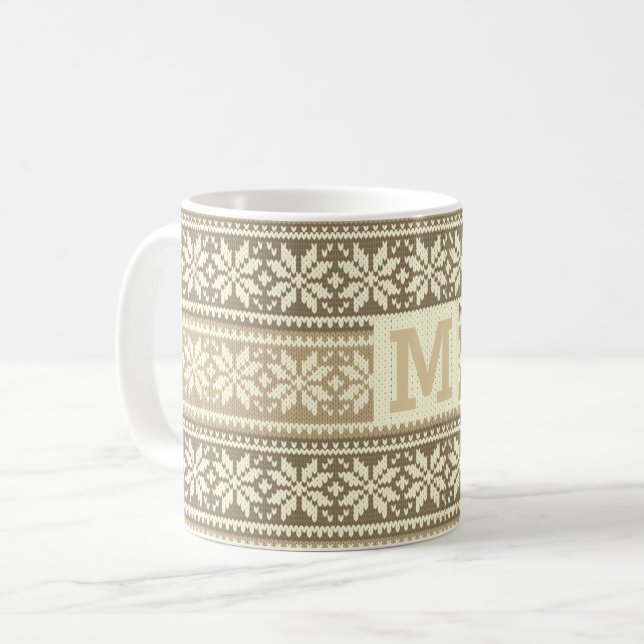 Snöflake Brown Nordic Faux Sticka Sweater Monogram Kaffemugg (Framsida vänster)
