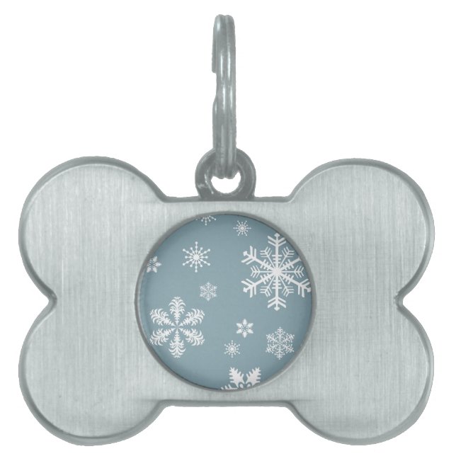 Snöflake Mönster, Vita Snöflingor, Snö, Grått ID-bricka Husdjur (Framsidan)