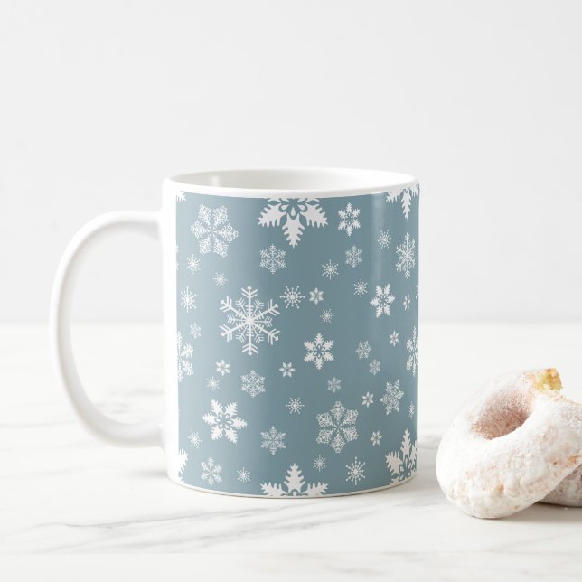 Snöflake Mönster, Vita Snöflingor, Snö, Grått Kaffemugg (Med munk)