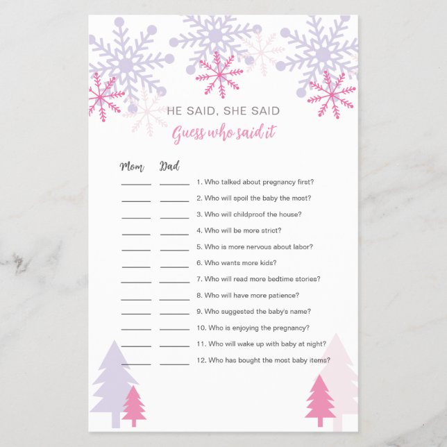Snöflinga Baby Shower Gissa vem som sa det Spelet Flygblad (Framsidan)