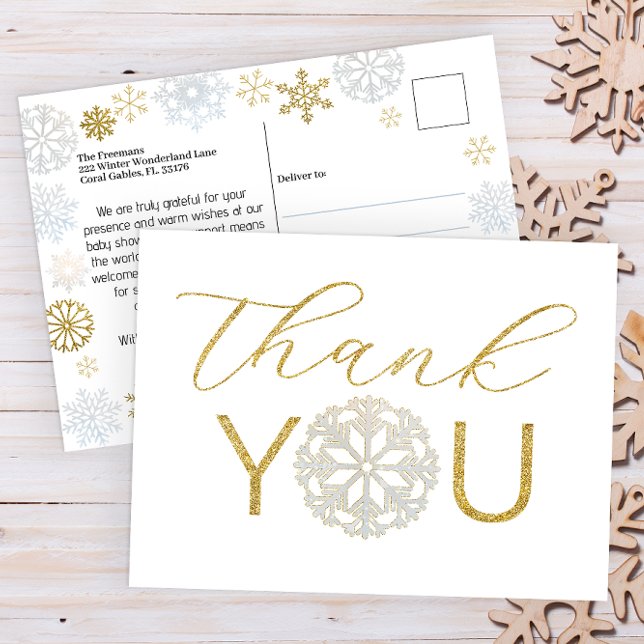 Snöflinga Baby Shower Tacksamhetskort | Vinter Vykort (Winter Wonderland Baby Shower Thank You Postcard )