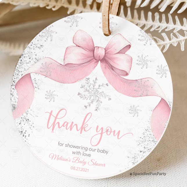 Snöflinga Bow baby shower Gåvor Etiketter (snowflake favor tag,baby shower,a little snowflake,is on the way,bow gir pink,winter invitation,gift)