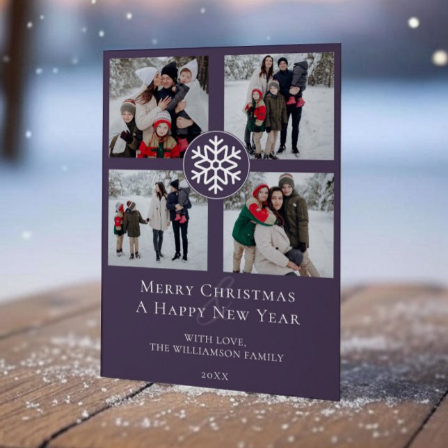 Snöflinga emblem Jul fotosammanställning | Lila Julkort (Purple Snowflake Emblem Photo Collage Holiday Photo Card)