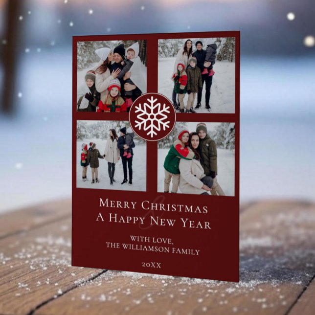 Snöflinga emblem Julcollage | Röd Julkort (Red Snowflake Emblem Photo Collage Holiday Photo Card)