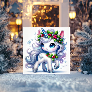 Snöflinga Enhörning med Isblå Detaljer Julkort