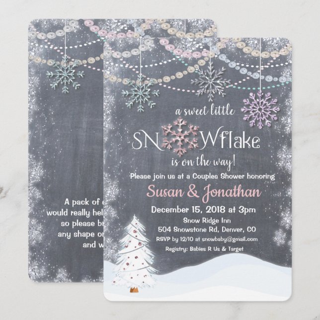 Snöflinga Glitter Pärlor Baby Shower Inbjudan (Fram/baksida)