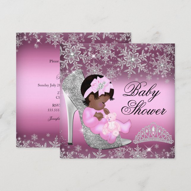 Snöflinga Glitter Skor Rosa Baby Shower Inbjudan (Fram/baksida)