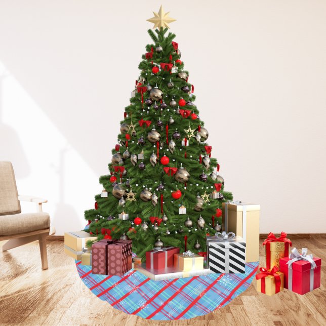 Snöflinga jul blå vinterrutig  julgransmatta borstad polyester (Skapare uppladdad)