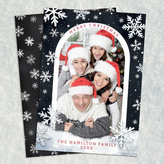Snöflinga Julgräns Merry Christmas Familj Foto Kor Julkort (Black & White Christmas Card)