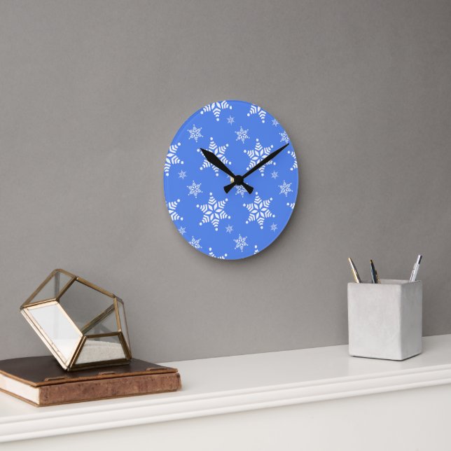 Snöflinga Mönster, Vit Snöflingor, Snö, Blått Rund Klocka (Kontor)