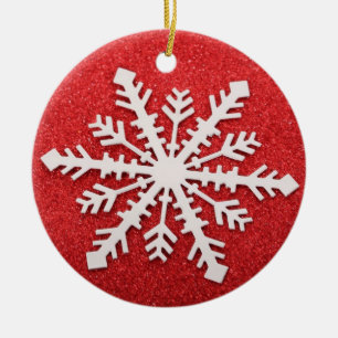 Snöflinga på röd julgransprydnad keramik