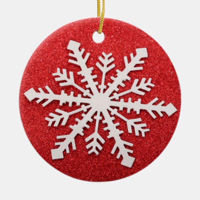 Snöflinga på röd julgransprydnad keramik (Framsidan)