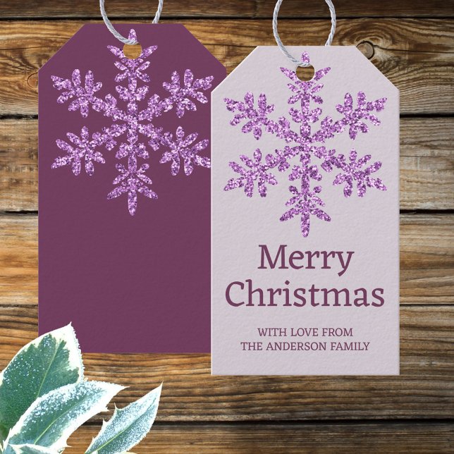 Snöflinga Purple Glam Vackert färgad jul Presentetikett (Add faux sparkle glam to your gifts with these purple Christmas gift tags, personalized by you)