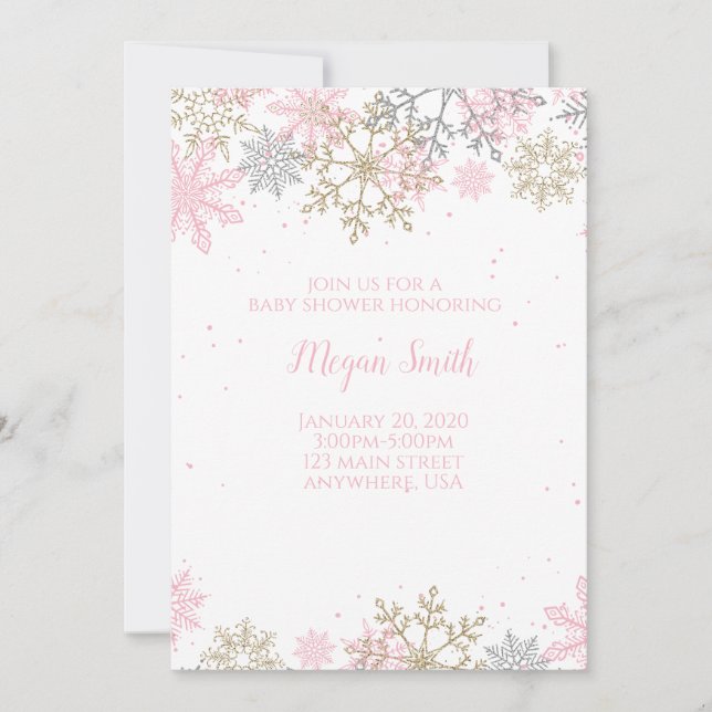 Snöflinga Rosa och Guld Glitter Vinter Bebis Bjudn Inbjudningar (Framsida)