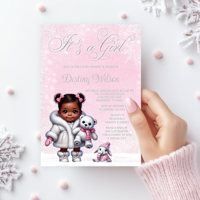 Snöflinga Rosa Vintervonderland Baby Shower Inbjudningar (Adorable baby girl winter wonderland baby shower invitation with pink snowflake background.)