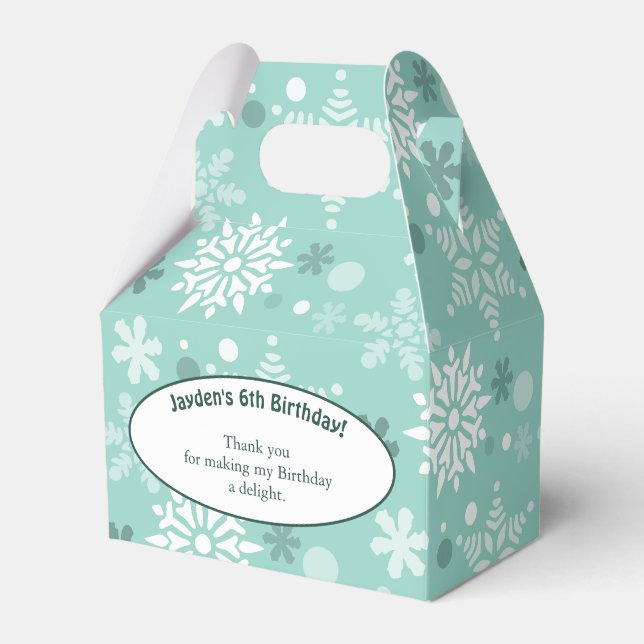 Snöflinga-tema 6-års födelsedagsfest turkos-blå presentaskar (Framsidan Sidan)