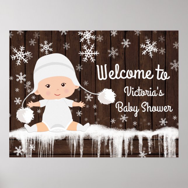 Snöflinga Vinter Bebis Shower Skylt (Framsidan)