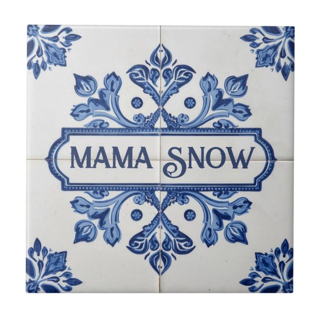 Snöflingemönster blå & vit semester anpassat namn kakelplatta (Framsidan)