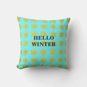 Snöflingemönster Vintertypografi Blå Guld Kudde