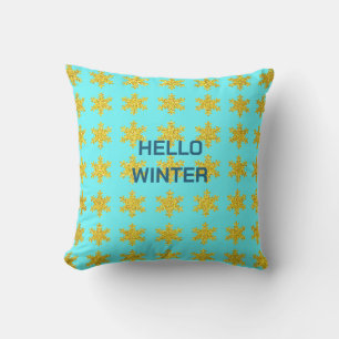 Snöflingemönster Vintertypografi Guld Blå Kudde