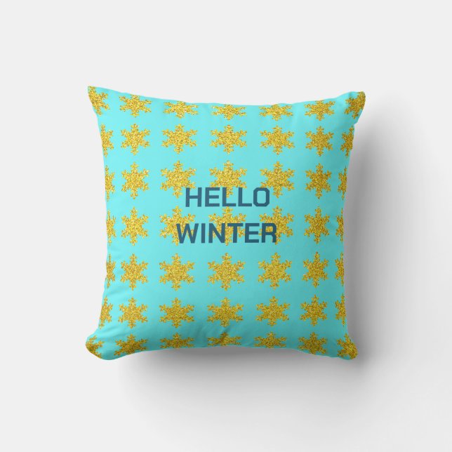 Snöflingemönster Vintertypografi Guld Blå Kudde (Framsida)