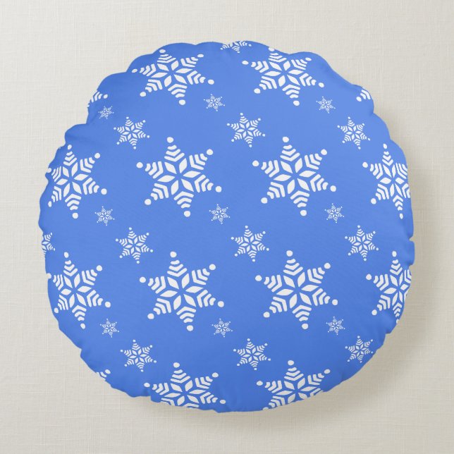 Snöflingemönster, Vita snöflingor, Snö, Blå Rund Kudde (Framsidan)
