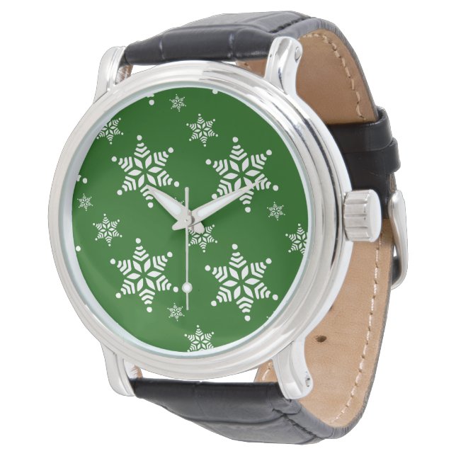 Snöflingemönster, Vita snöflingor, Snö, Grön Armbandsur (Vinklad)