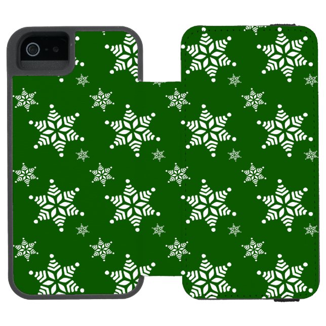 Snöflingemönster, Vita snöflingor, Snö, Grön Incipio iPhone Wallet Skal (Folio Öppen)