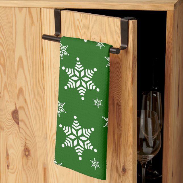 Snöflingemönster, Vita snöflingor, Snö, Grön Kökshandduk (Thirds Fold)