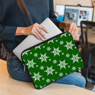 Snöflingemönster, Vita snöflingor, Snö, Grön Laptop Fodral