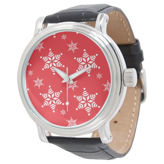 Snöflingemönster, Vita snöflingor, Snö, Röd Armbandsur (Vinklad)