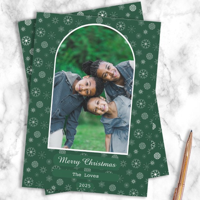 Snöflingfoto med enkel Grönt God jul Julkort (Green & Gold Family Christmas Card)