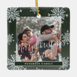 Snöflingor 2-familjens fotopersonlig, grönt julgransprydnad keramik
