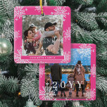 Snöflingor 2-familjens fotopersonlig, rosa vit julgransprydnad keramik<br><div class="desc">Vintervintern i Rustic elegant shock rosa och vit plaid-familjemall för träd-prydnadsföremål med mousserande snöflingor ram.                         Enkel att anpassa med dina 2 foton,  textskript,  familj namn och år!</div>