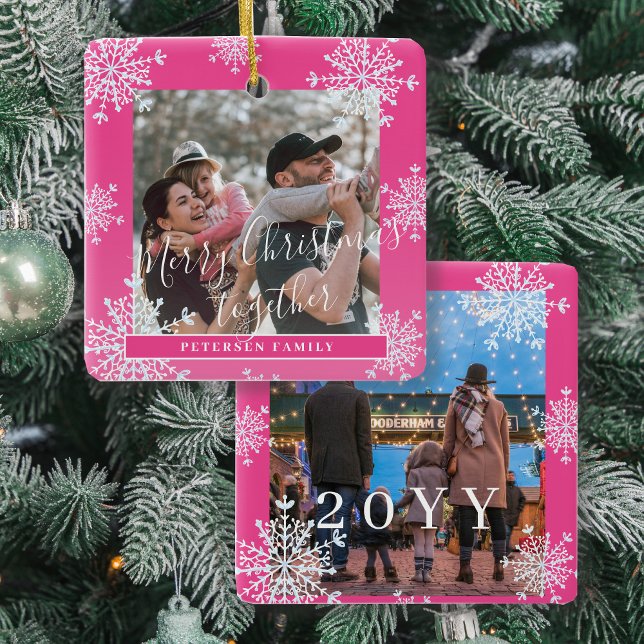 Snöflingor 2-familjens fotopersonlig, rosa vit julgransprydnad keramik (Skapare uppladdad)