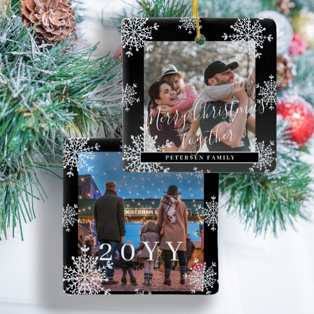 Snöflingor 2-familjens personlig för foto, svart v julgransprydnad keramik (Skapare uppladdad)